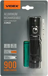 Ліхтар ручний Videx A353, чорний, 900 Лм, 5000K, до 180 м, 4 режими роботи, лінзи із загартованого скла, світлодіод Luminus SST40