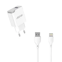 Мережевий зарядний пристрій Aspor A827 IQ (USB/2.4A) + кабель USB – Lightning- білий - мініатюра 3