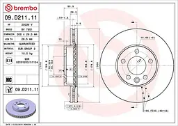 Диск гальмівний передній вентильований VW Transporter T5 02-25р Brembo (09.D211.11)