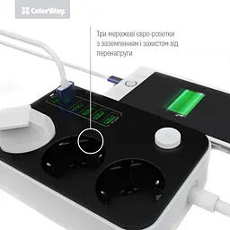 Мережевий фільтр-подовжувач СolorWay 3 розетки/6USB (CW-CHE36B) - мініатюра 2
