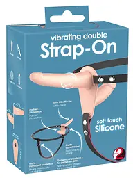 Подвійний страпон Vibrating Double Strap-On 15.7 см тілесний - мініатюра 10