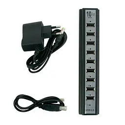 Розгалужувач USB на 10 портів, чорний, настільний концентратор з блоком живлення - мініатюра 9