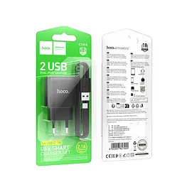 Мережевий зарядний пристрій з кабелем Hoco C141A Smart dual-port charger set(Type-C) чорний - мініатюра 2