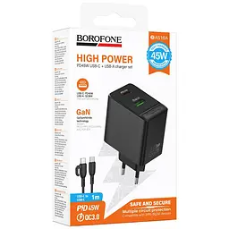 МЗП Borofone BAS16A Erudite PD45W+QC3.0 (1USB-A/1C) + кабель Type-C to Type-C Black - мініатюра 2