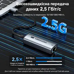 Ethernet-адаптер Vention зовнішня мережева карта USB-A на RJ45 до 2,5 Гбіт/с для швидкості понад 1 Гбіт/с потрібен кабель Cat6 або вище без налаштування у Windows 11 та macOS із захистом від короткого замикання та перенапруги алюмінієвий корпус для відведення тепла вбудований кабель 0,15 м сірий (CFSHB) - мініатюра 3