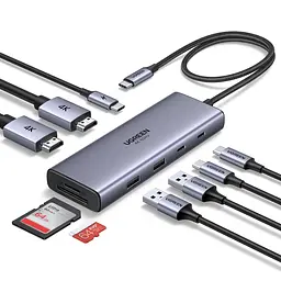 Док-станція USB-C UGREEN Revodok Pro CM498A 9-в-1 2 HDMI до 4K 60 Гц на двох моніторах потрібен USB-C з DisplayPort і достатньою пропускною здатністю Windows різні зображення macOS лише однакові 2 USB-C та 1 USB-A до 5 Гбіт/с і 1 USB-A до 480 Мбіт/с вхід USB-C PD 3.0 до 100 Вт наскрізне заряджання ноутбука до 85 Вт потрібні окремі блок живлення й кабель до входу PD SD/microSD до 170 МБ/с вбудований кабель близько 40 см сіро-чорна (85774)