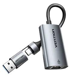 Мережевий Ethernet-адаптер Vention зовнішня мережева карта з USB-C або USB-A на RJ45 10/100/1000 Мбіт/с без встановлення драйверів у macOS та Windows 8–11 зі світлодіодними індикаторами мережі для Nintendo Switch через USB-порт док-станції із вбудованим кабелем 0,15 м сірий (CFQHB)