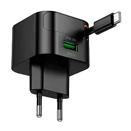 Адаптер мережевий із вбудованим кабелем USB-C - HOCO C154A Changer PD charger with telescopic cable 20W чорний