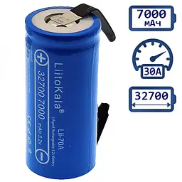 Акумулятор 32700 LiitoKala 70A-N 7000 mAh LiFePO4 під пайку з нікелевою стрічкою U-tags 30А, 3.6V (19316) - мініатюра 2