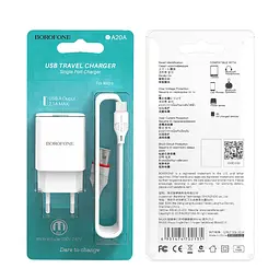 Мережевий зарядний пристрій з кабелем Borofone BA20A Sharp single port charger set(Micro) 10. 5W білий - мініатюра 2