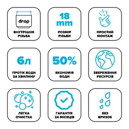 Водозберігаючий аератор Drop SP18E-F для змішувача - Економія 50%, 6 л/хв, внутрішня F 18 мм - мініатюра 7