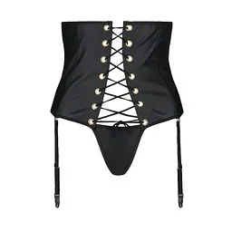 Пояс-корсет з екошкіри Passion CELINE SET with Open Bra 4XL/5XL, black, шнурівка, пажі, стрінги - мініатюра 3
