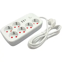 Мережевий фільтр електричний подовжувач з 6 розетками та 3 USB порти 2500W 5м
