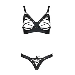 Комплект з екошкіри Passion CELINE BIKINI 4XL/5XL black, відкритий бра, стрінги зі шнурівкою - мініатюра 3