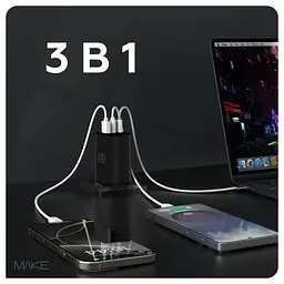 Зарядний пристрій мережевий MAKE 65W GaN3 2xType-C PD3.0 + USB QC4.0 Black - мініатюра 2