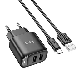 Мережевий зарядний пристрій з кабелем Hoco C141A Smart dual-port charger set(Type-C) чорний - мініатюра 3