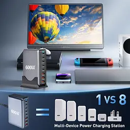 Зарядна станція ILEPO 600W багатопортова на 3 USB + 5 Type-C / мережевий мультизарядний пристрій Black (19027) - мініатюра 4