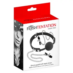 Кляп із затискачами для сосків Fetish Tentation Gag Ball With Nipple Clamps 4 см чорний - мініатюра 4