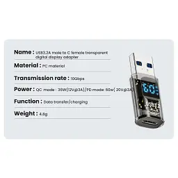 Перехідник USB 3.2 AM to USB-C F 10Gbps QC 36W PD60W with display XoKo (AC-230TCU) - мініатюра 3