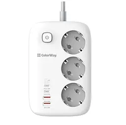 Мережевий фільтр-подовжувач ColorWay CHE34-PD GaN3 Pro PD 65 Вт (2xUSB-A + 2xTYPE-C) 3 розетки, 4 USB, 2 м, White