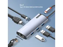 Мультипортовий адаптер ColorWay USB-C to 3xUSB-A 3.0 HDMI 4K RJ-45 USB-C PD 100W Dark Grey (CW-HUB02) - мініатюра 11