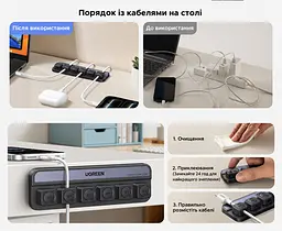 Магнітний настільний органайзер для кабелів UGREEN LP987 1 база та 6 кліпс 3 кліпси під діаметр 3,5 мм та 3 під 4,5 мм тримач дротів зі знімними кліпсами з клейким кріпленням основи для кріплення також під стільницею або на вертикальній поверхні чорний зі світло-сіро-лавандовою вставкою (45097) - мініатюра 3