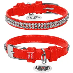 Нашийник для собак Waudog Glamour, шкіряний, зі стразами, з QR паспортом, S, 21-29х1,2 см, червоний - мініатюра 3
