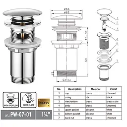 Донний клапан для раковини Koer PW-07-01 з переливом автоматичний Click-Clack 1 1/4″ Хром KR5782 - мініатюра 2