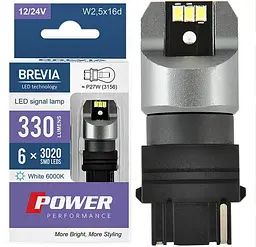 LED автолампа Brevia Power 12/24V P27W 6x3020SMD 330Lm 6000K CANbus W2,5x16d 2 шт (10138X2)