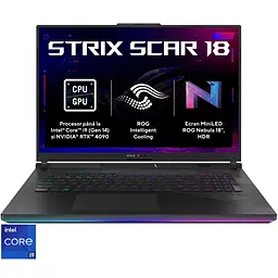 Ноутбук Ігровий ASUS ROG Strix SCAR 18 G834JYR з процесором Intel Core i9 14900HX pana la 5.8 GHz, 18", QHD+, Mini LED 240Hz, 64GB DDR5, 2 x 1TB SSD, NVIDIA® GeFor 175W, Windows 11 Pro, Off чорний