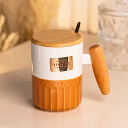 Чашка порцелянова 400 мл Vintage з бамбуковою кришкою та ложкою, помаранчевий з білим Happy Life HP7204BR - мініатюра 14