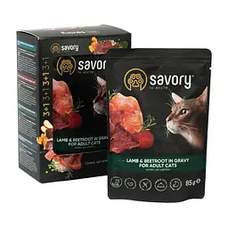 Набір вологих кормів Savory 3+1 для дорослих кішок, ягня з буряком у соусі, паучі, 4 шт. 85 г - мініатюра 5