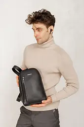 Чорний шкіряний чоловічий рюкзак на одне плече Chest Bag - мініатюра 2