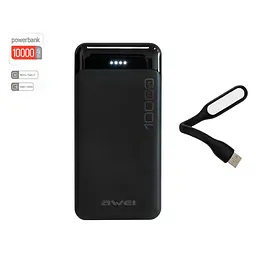Powerbank для телефону повербанк чорний 10000mAh Awei P37K та USB ліхтарик для ноутбука 1.2W - мініатюра 2