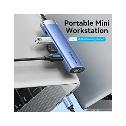 Концентратор Vention USB 3.1 Type-C to HDMI/USB 3.0x3/PD 100W Blue Aluminum Alloy Hub 5-in-1 (TGESB) - мініатюра 2