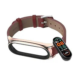 Шкіряний ремінець MiJobs для фітнес-браслета Xiaomi Mi Band 5 и 6 Type C червоний, тримач - золотистий - мініатюра 3
