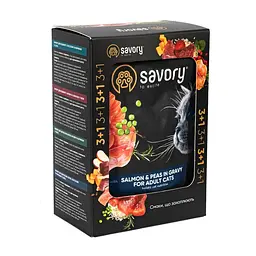 Набір паучів для котів Savory Adult \"3+1\", лосось з горохом в соусі, 85 г