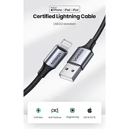 Кабель USB 2.0 AM-Lightning M, 1 м, 2.4A, Черный, US199 UGREEN - миниатюра 3