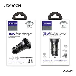 Адаптер автомобільний JOYROOM Dual ports transparent car charger C-A42 1USB/1Type-C, 38W/3A, PD/QC - мініатюра 9