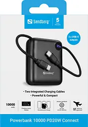 Універсальна мобільна батарея Sandberg 10000mAh 20W PD, QC3.0, USB-C In/Out, PowerThru, with built-in 2xUSB-C cables - мініатюра 5