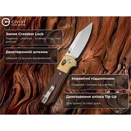 Ніж складаний кишеньковий Civivi Yonder Clip Point (7.3 см) 14C28N / Wood and Brass натуральний - мініатюра 14