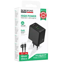 МЗП Borofone BAS17A Erudite PD65W+QC3.0 (1USB-A/1C) + кабель Type-C to Type-C Black - мініатюра 2