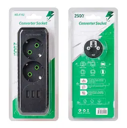 Розетка двойник с заземлением Voltronic F-102 Black, 2 розетки+3USB (1А), 2500W, 10A, 110-250V - мініатюра 2