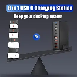 Мережева зарядна станція ILEPO 240W на 4 USB+4 Type-C мультизарядний пристрій потужний блок живлення Black (19338) - мініатюра 8