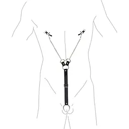 Затискачі для сосків Art of Sex Nipple Clamps for Men з фіксацією на мошонці, Еко шкіра - мініатюра 3