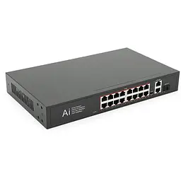 POE комутатор Merlion 16 POE 10/100 + 1 Single Fiber Tx 1310nm 20km + 2 RJ45 10/100/1000+ вбудований блок живлення 52V 4.8A