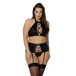 Комплект з екошкіри Passion NANCY SET 4XL/5XL black, імітація шнурівки, топ, пояс для панчіх - мініатюра 1