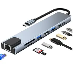 Адаптер Dynamode 8-в-1 USB-C to HDTV 4K/30Hz, RJ45, 1хUSB3.0, 1хUSB2.0, 1хUSB Type-C PD 100W Female