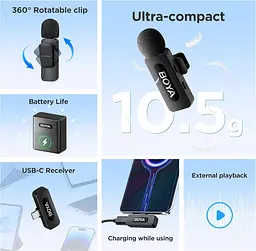 Бездротові петличні мікрофони BOYA BY-V30 USB-C (2 шт), 100 м, шумозаглушення, 36 год - мініатюра 9