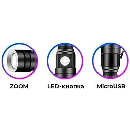 Ручний ліхтар RB-285 акумуляторний із зумом XH P99 LED Type-C 18650 - мініатюра 4